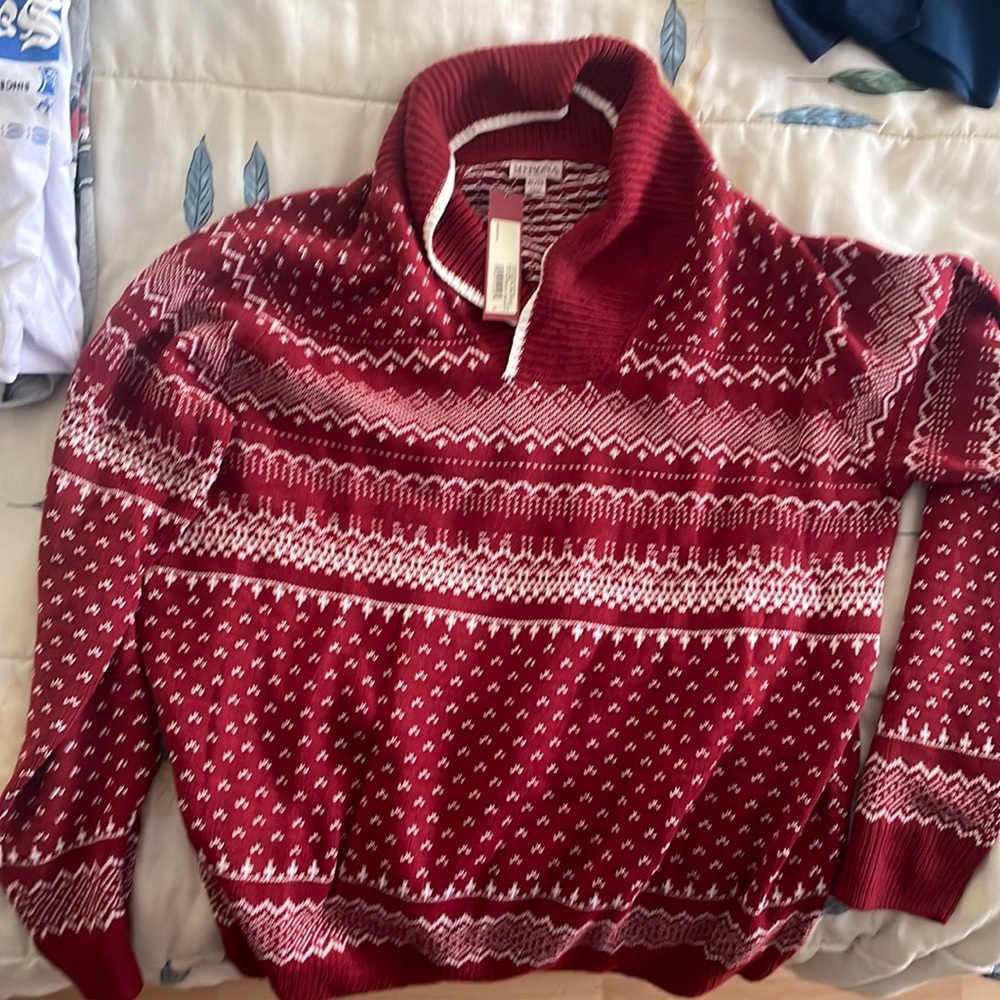Mens red and cream/white open neck sweater xl nwt